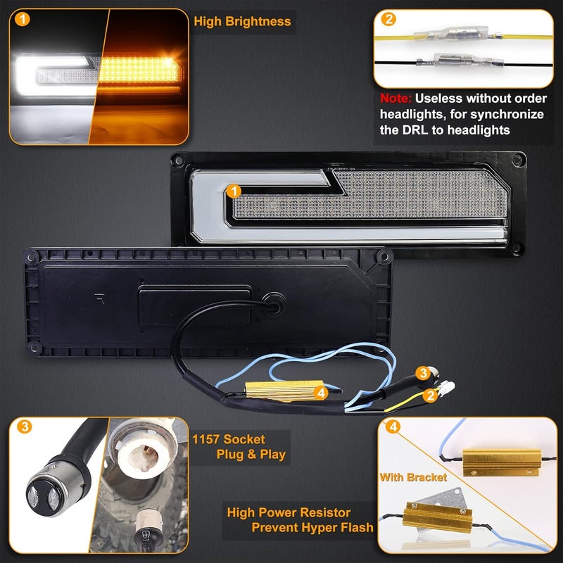 POVTOR مصابيح إشارة الانعطاف LED بديلة مع ضوء DRL الأبيض و ضوء الترحيب متوافقة مع 1988-1998 شيفروليه GMC C/K 1500 2500 3500 سيلفرادو تاهو سوبربان يوكون C10 - Image 5